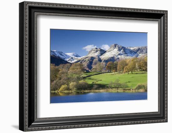 Autumn Colours Beside Loughrigg Tarn with Views to the Snow Dusted Mountains of the Langdale Pikes-Adam Burton-Framed Photographic Print