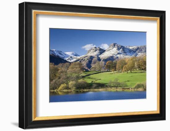 Autumn Colours Beside Loughrigg Tarn with Views to the Snow Dusted Mountains of the Langdale Pikes-Adam Burton-Framed Photographic Print