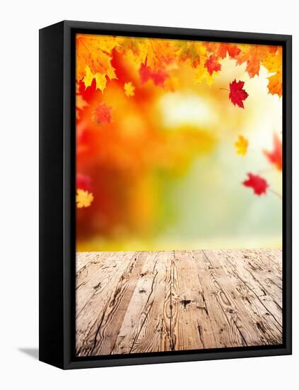 Autumn Concept with Empty Wooden Planks and falling Leaves-Jag_cz-Framed Premier Image Canvas