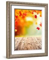 Autumn Concept with Empty Wooden Planks and falling Leaves-Jag_cz-Framed Photographic Print