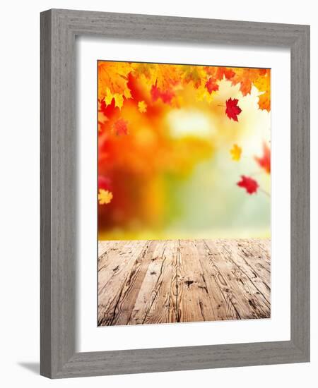 Autumn Concept with Empty Wooden Planks and falling Leaves-Jag_cz-Framed Photographic Print