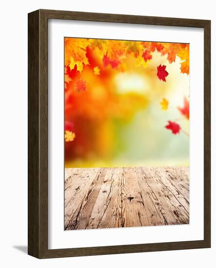 Autumn Concept with Empty Wooden Planks and falling Leaves-Jag_cz-Framed Photographic Print