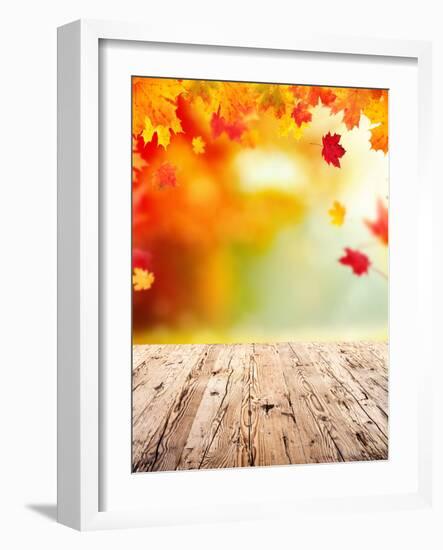 Autumn Concept with Empty Wooden Planks and falling Leaves-Jag_cz-Framed Photographic Print