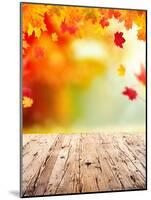 Autumn Concept with Empty Wooden Planks and falling Leaves-Jag_cz-Mounted Photographic Print