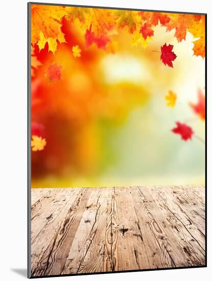 Autumn Concept with Empty Wooden Planks and falling Leaves-Jag_cz-Mounted Photographic Print
