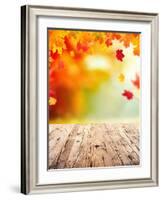 Autumn Concept with Empty Wooden Planks and falling Leaves-Jag_cz-Framed Photographic Print