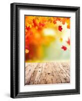 Autumn Concept with Empty Wooden Planks and falling Leaves-Jag_cz-Framed Photographic Print