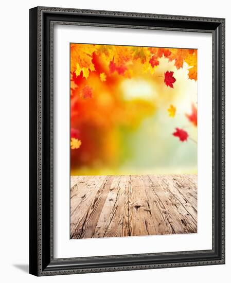 Autumn Concept with Empty Wooden Planks and falling Leaves-Jag_cz-Framed Photographic Print