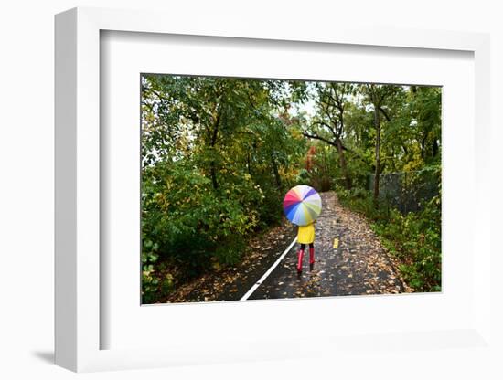 Autumn / Fall Concept - Woman Walking in Forest with Umbrella in Rain. Girl Enjoying Rainy Fall Day-Maridav-Framed Photographic Print