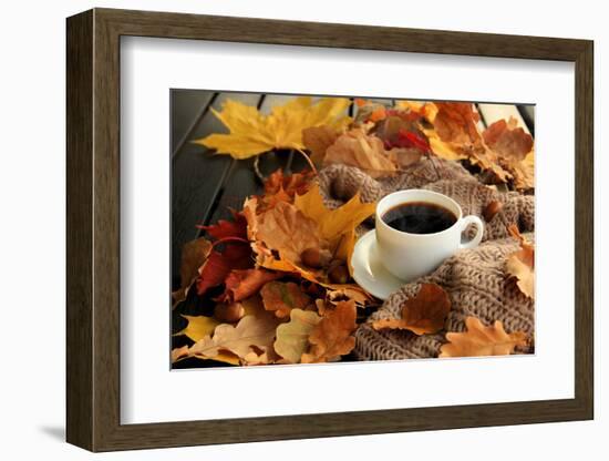 Autumn, Fall Leaves, Hot Steaming Cup of Coffee and a Warm Scarf on Wooden Table Background. Season-sunfe-Framed Photographic Print
