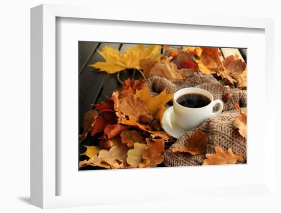 Autumn, Fall Leaves, Hot Steaming Cup of Coffee and a Warm Scarf on Wooden Table Background. Season-sunfe-Framed Photographic Print