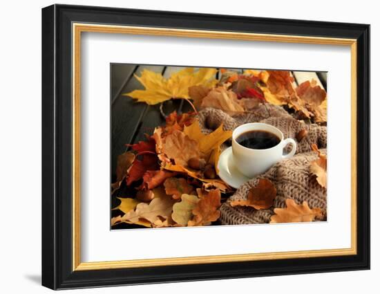 Autumn, Fall Leaves, Hot Steaming Cup of Coffee and a Warm Scarf on Wooden Table Background. Season-sunfe-Framed Photographic Print