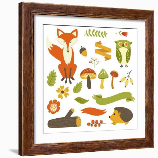 Autumn Forest, Woodland Animals, Flowers and Ribbons-Alisa Foytik-Framed Art Print