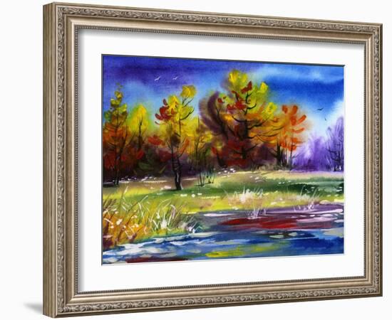 Autumn Landscape Wood On The Bank Of Lake-balaikin2009-Framed Art Print