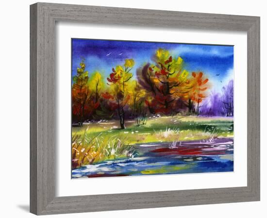 Autumn Landscape Wood On The Bank Of Lake-balaikin2009-Framed Art Print