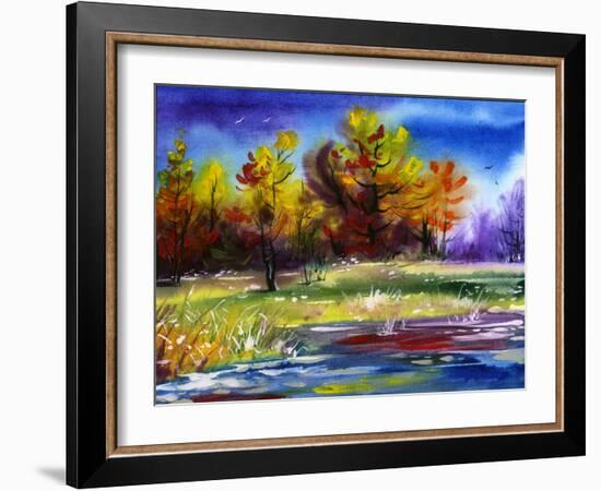 Autumn Landscape Wood On The Bank Of Lake-balaikin2009-Framed Art Print