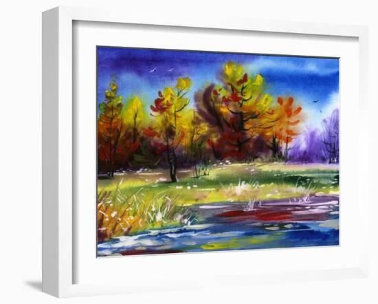 Autumn Landscape Wood On The Bank Of Lake-balaikin2009-Framed Art Print