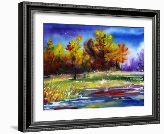 Autumn Landscape Wood On The Bank Of Lake-balaikin2009-Framed Art Print