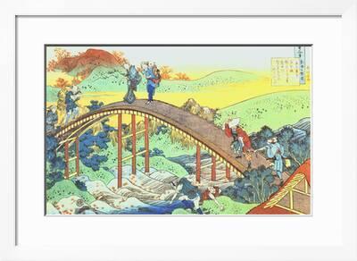 Autumn Red Sycamore Leaves On The River Tatsuta Farmers And A Couple With Child Crossing A Bridge Giclee Print Katsushika Hokusai Art Com