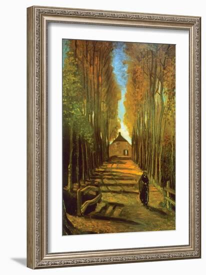 Autumn Tree Lined Lane Leading To a Farm House-Vincent van Gogh-Framed Art Print