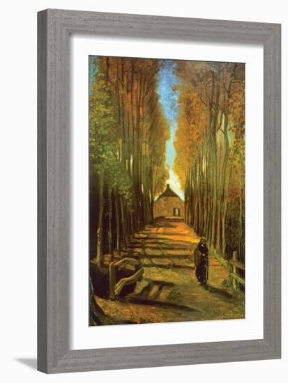 Autumn Tree Lined Lane Leading To a Farm House-Vincent van Gogh-Framed Art Print