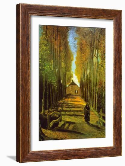 Autumn Tree Lined Lane Leading To a Farm House-Vincent van Gogh-Framed Art Print