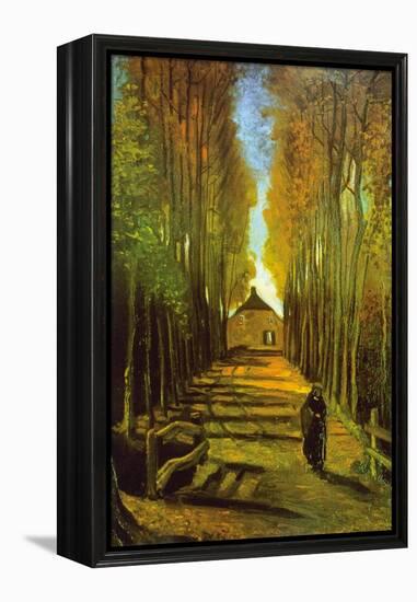 Autumn Tree Lined Lane Leading To a Farm House-Vincent van Gogh-Framed Stretched Canvas