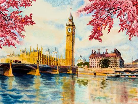 Autumn Trees, Big Ben Clock Tower and Thames River in London at England.  Watercolor Painting Illust' Art Print | Art.com
