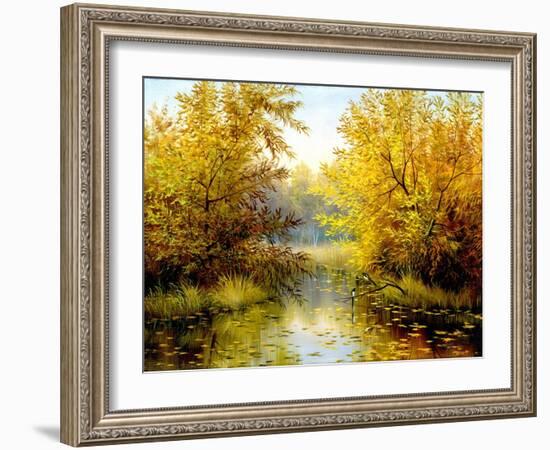 Autumn Wood Lake With Trees And Bushes-balaikin2009-Framed Art Print