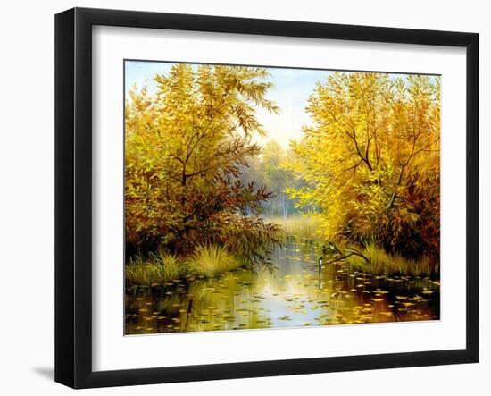 Autumn Wood Lake With Trees And Bushes-balaikin2009-Framed Art Print