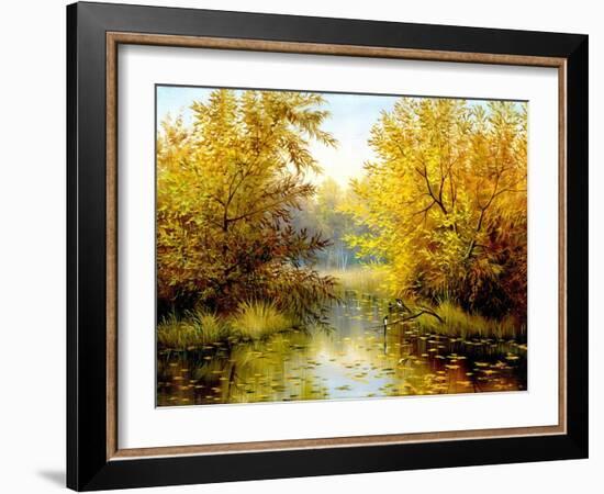 Autumn Wood Lake With Trees And Bushes-balaikin2009-Framed Art Print