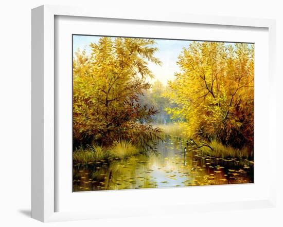 Autumn Wood Lake With Trees And Bushes-balaikin2009-Framed Art Print