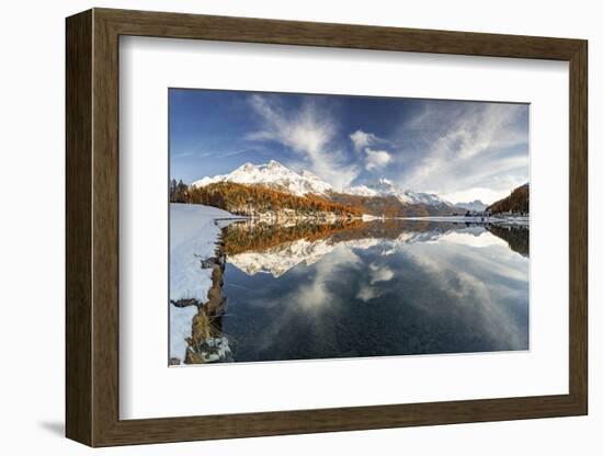 Autumn woods and snowcapped mountains mirrored in the clear water of Champfer lake at sunset-Roberto Moiola-Framed Photographic Print