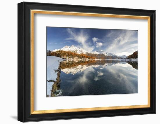Autumn woods and snowcapped mountains mirrored in the clear water of Champfer lake at sunset-Roberto Moiola-Framed Photographic Print