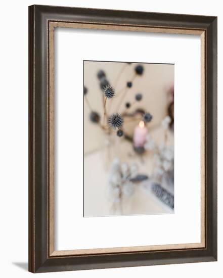 autumnal decoration, natural materials, pastel colours, candles, thistles, detail, blur,-mauritius images-Framed Photographic Print