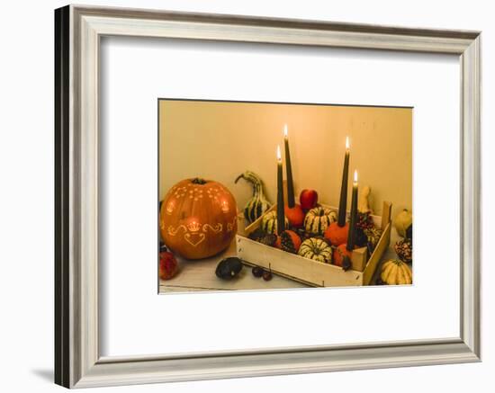 autumnal decoration, pumpkins, candles,-mauritius images-Framed Photographic Print