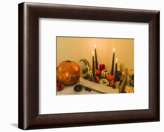 autumnal decoration, pumpkins, candles,-mauritius images-Framed Photographic Print