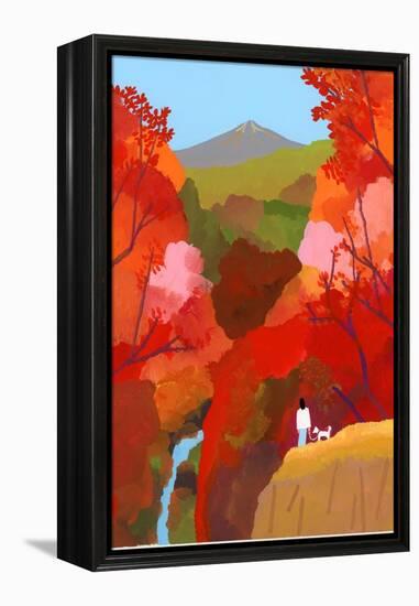 Autumnal leaves and waterfalls-Hiroyuki Izutsu-Framed Premier Image Canvas