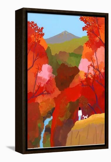 Autumnal leaves and waterfalls-Hiroyuki Izutsu-Framed Premier Image Canvas