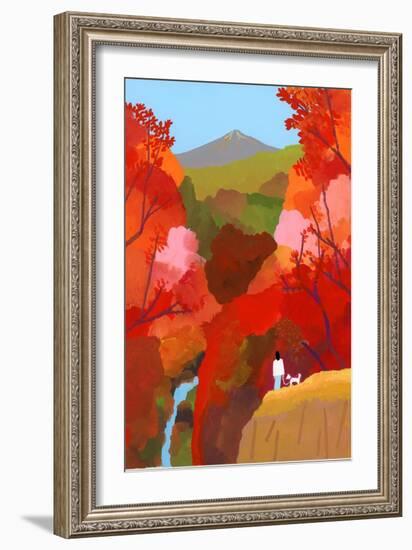 Autumnal leaves and waterfalls-Hiroyuki Izutsu-Framed Giclee Print