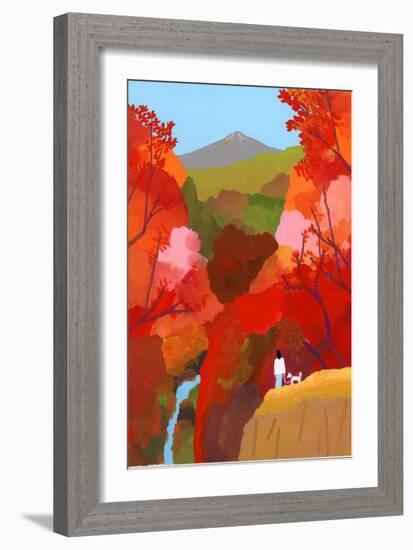 Autumnal leaves and waterfalls-Hiroyuki Izutsu-Framed Giclee Print