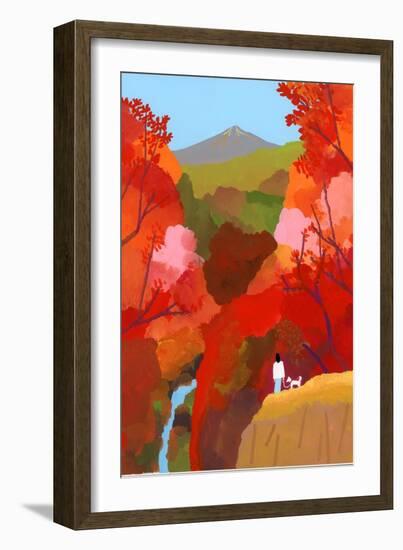 Autumnal leaves and waterfalls-Hiroyuki Izutsu-Framed Giclee Print