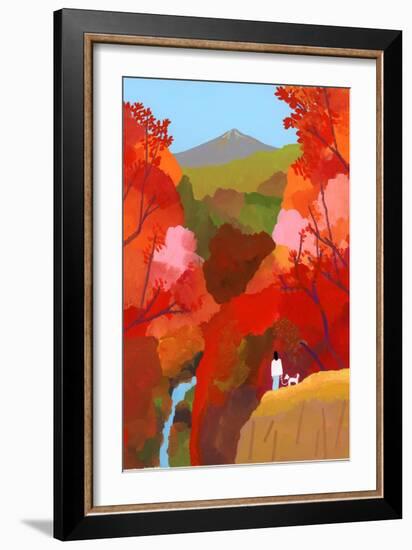 Autumnal leaves and waterfalls-Hiroyuki Izutsu-Framed Giclee Print