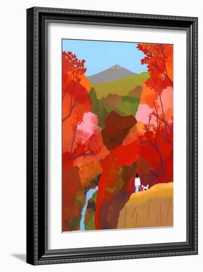 Autumnal leaves and waterfalls-Hiroyuki Izutsu-Framed Giclee Print