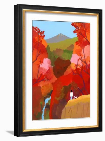 Autumnal leaves and waterfalls-Hiroyuki Izutsu-Framed Giclee Print