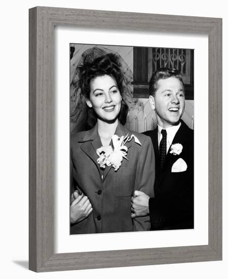 Ava Gardner and Mickey Rooney After Their Wedding, January, 1942-null-Framed Photo