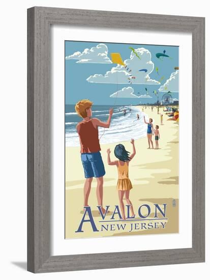 Avalon, New Jersey - Kite Flyers-Lantern Press-Framed Premium Giclee Print