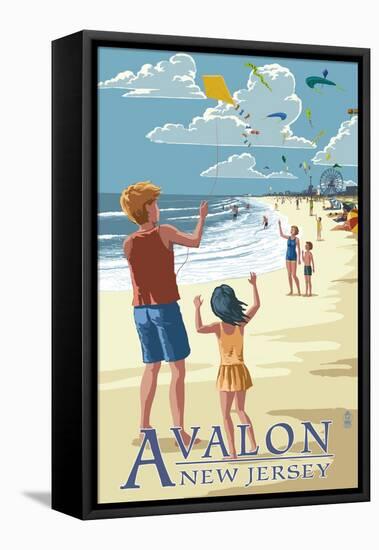Avalon, New Jersey - Kite Flyers-Lantern Press-Framed Stretched Canvas