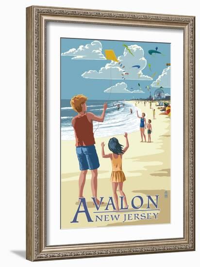 Avalon, New Jersey - Kite Flyers-Lantern Press-Framed Art Print