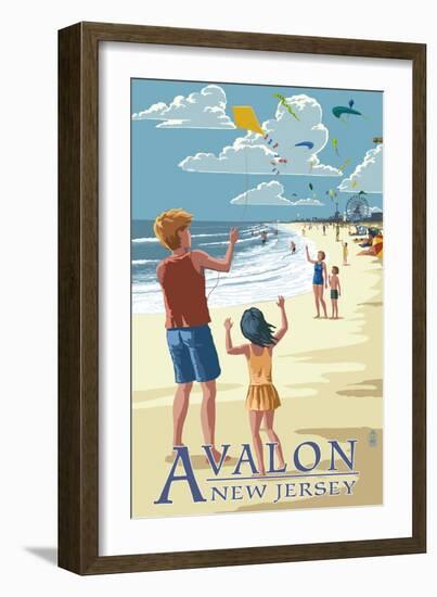 Avalon, New Jersey - Kite Flyers-Lantern Press-Framed Art Print